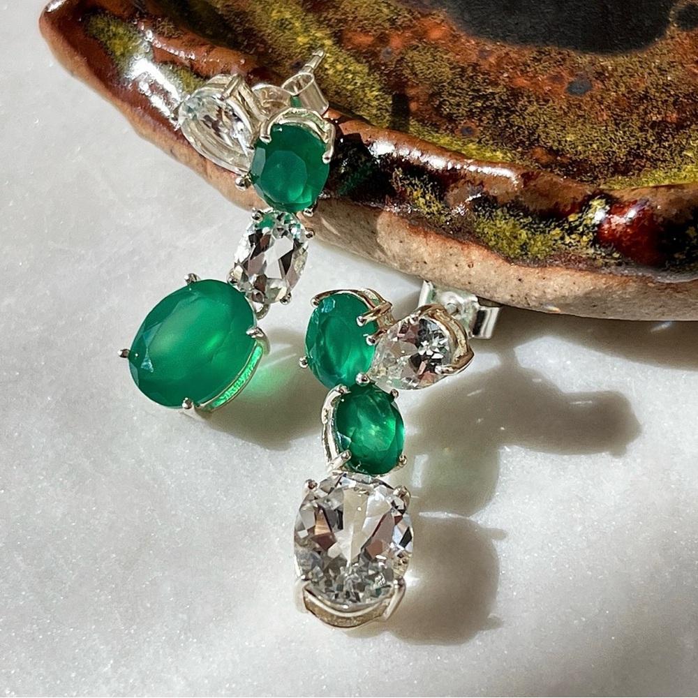 Sterling Silver Green Onyx and Topaz Asymmetrical Stud Dangle Earrings